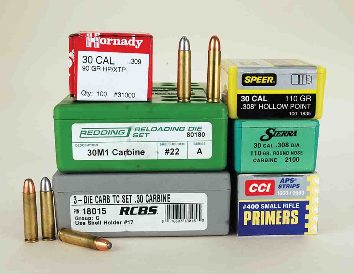 When working with two .30 Carbine handguns, Mike used these components in the beginning. Hornady’s 90-grain JHP did well in them, but would not function in the semiauto carbines.
